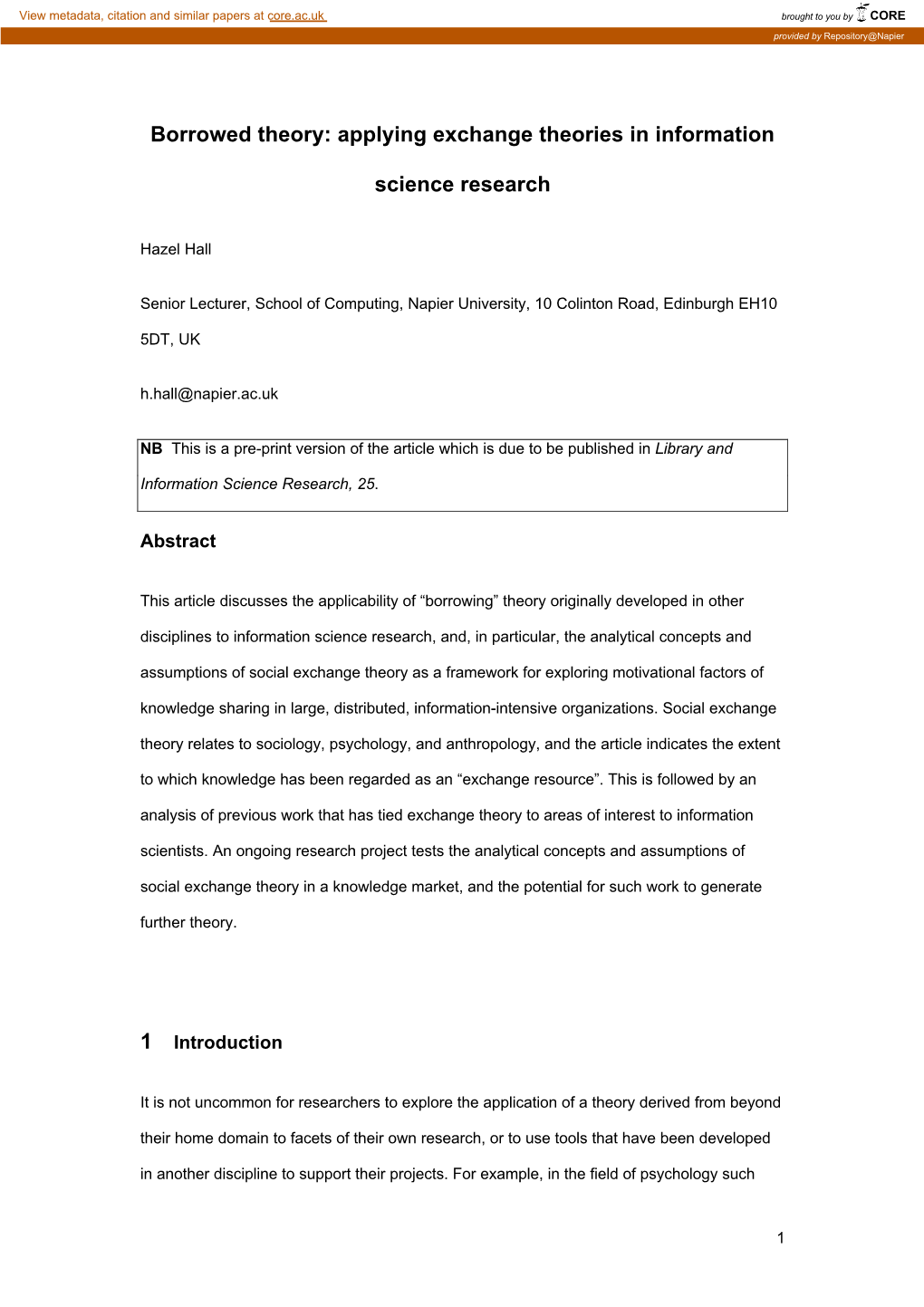 Applying Exchange Theories in Information Science Research