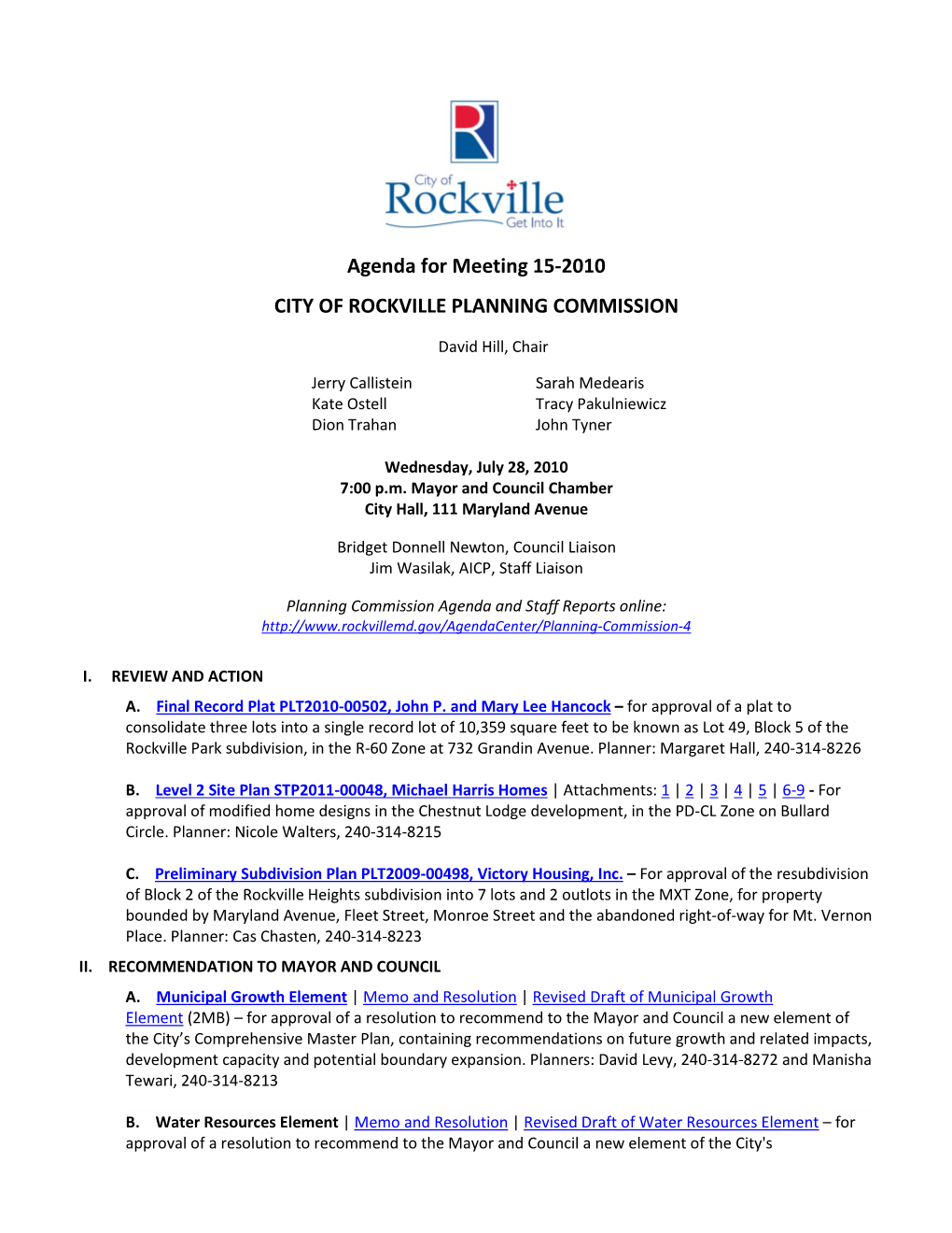 Agenda for Meeting 15-2010 CITY of ROCKVILLE PLANNING