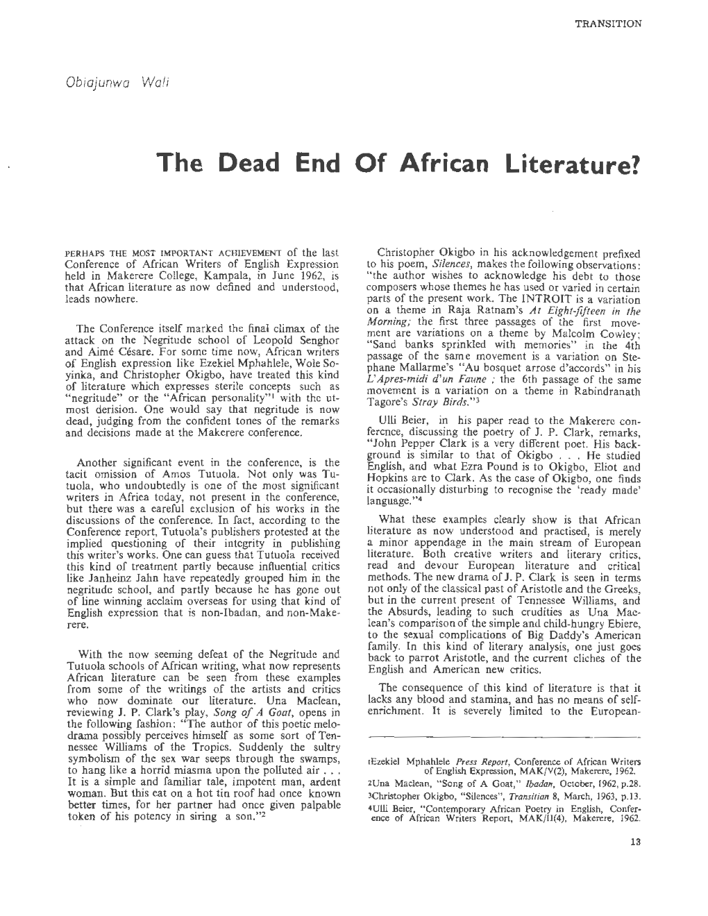 The Dead End of African Literature?