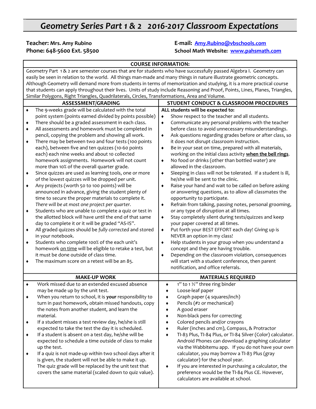 Geometry Series Part 1 & 2 2016-2017 Classroom Expectations