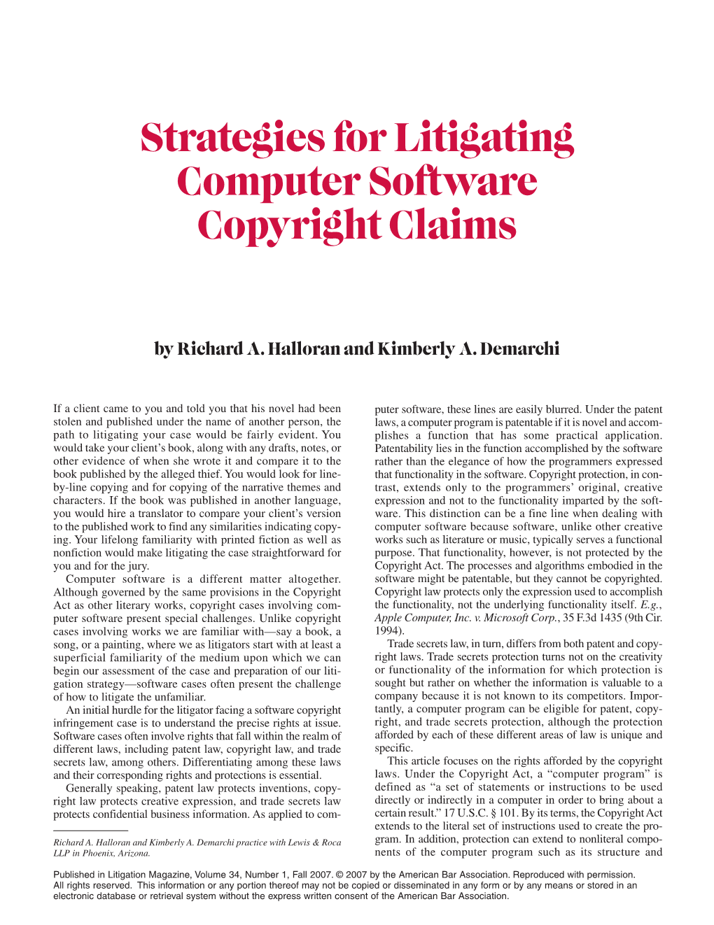 Strategies for Litigating Computer Software Copyright Claims