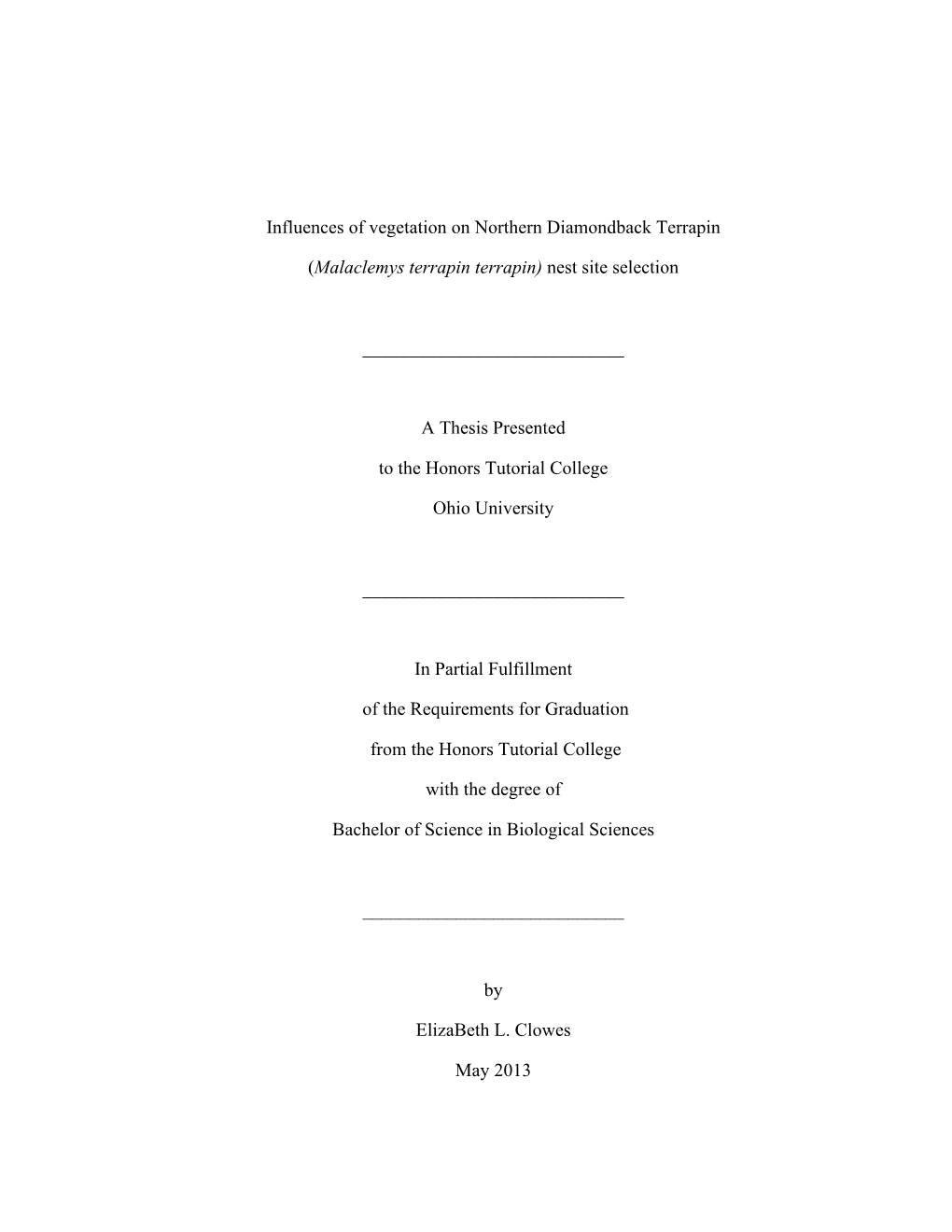 Influences of Vegetation on Northern Diamondback Terrapin