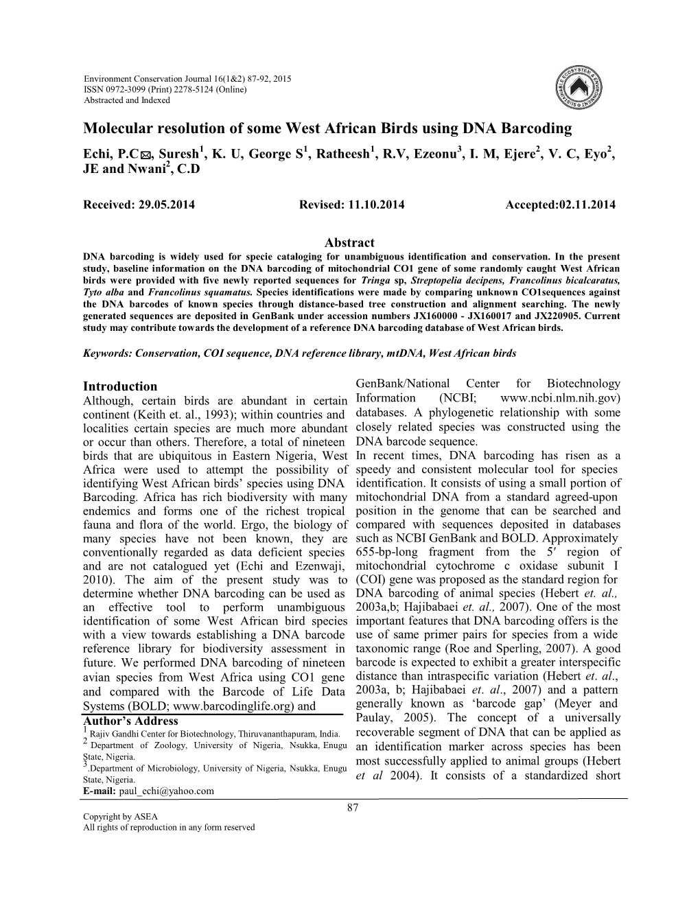 Molecular Resolution of Some West African Birds Using DNA Barcoding