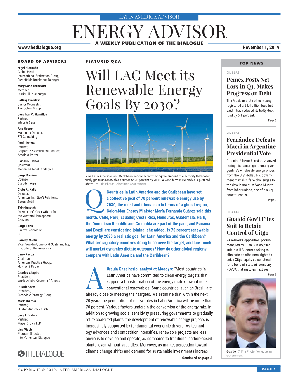 ENERGY ADVISOR a WEEKLY PUBLICATION of the DIALOGUE November 1, 2019