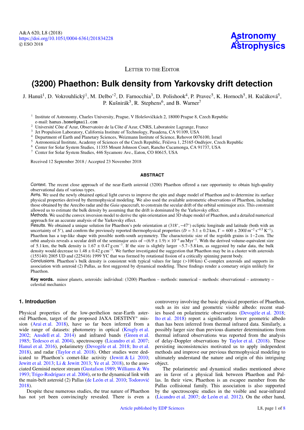 (3200) Phaethon: Bulk Density from Yarkovsky Drift Detection J