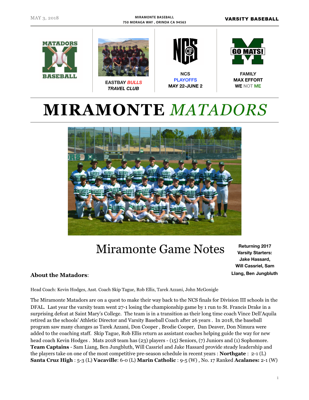 Mats. Vs. Las Lomas Newsletter