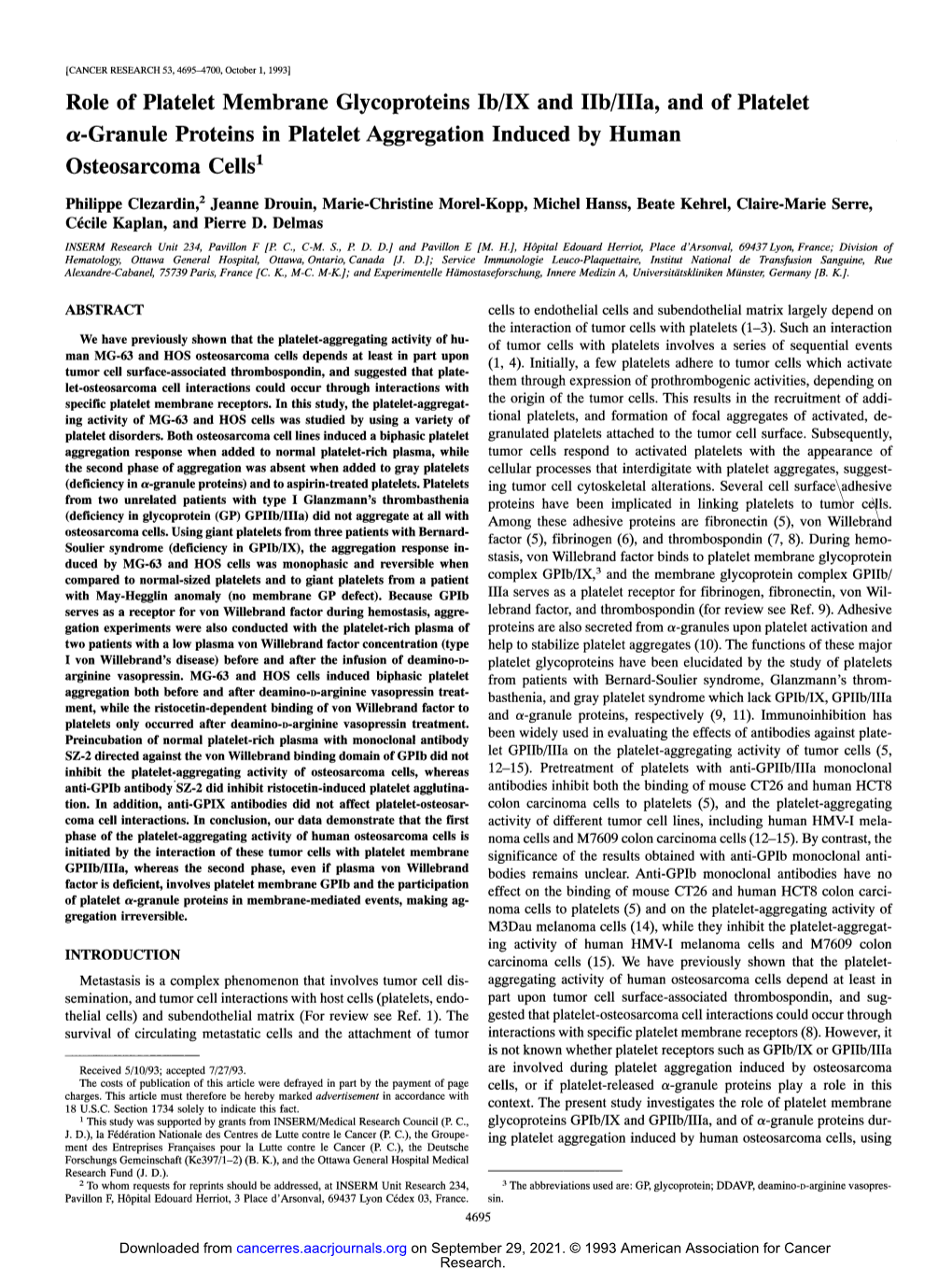 Role of Platelet Membrane Glycoproteins Ib/IX and Llb/Llla, and of Platelet S-Granule Proteins in Platelet Aggregation Induced by Human Osteosarcoma Cells