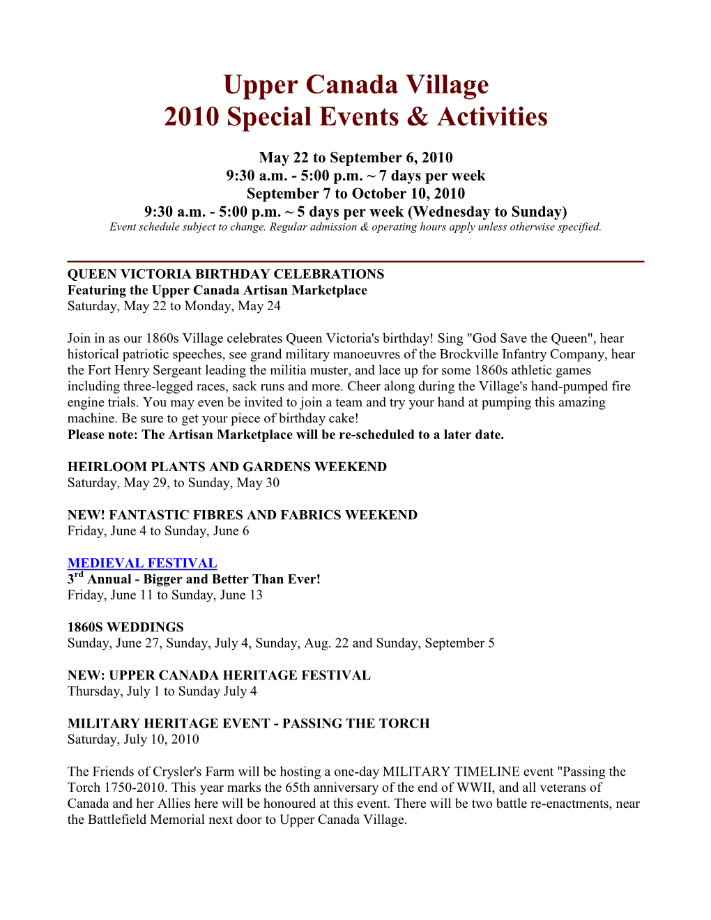 Upper Canada Village 2010 Special Events & Activities