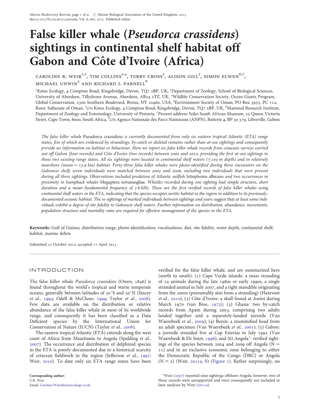False Killer Whale (Pseudorca Crassidens) Sightings in Continental Shelf Habitat Off Gabon and Coˆte D’Ivoire (Africa) Caroline R