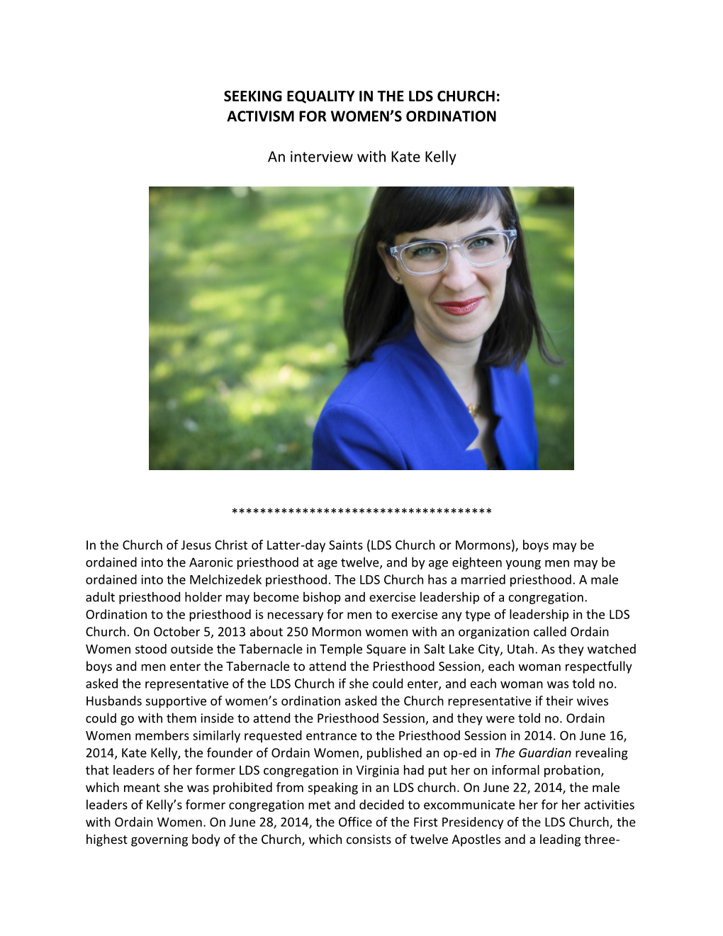 ACTIVISM for WOMEN's ORDINATION an Interview With