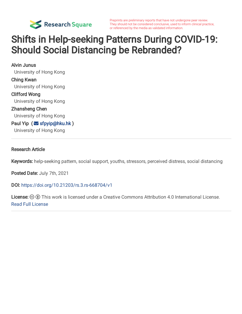 Shifts in Help-Seeking Patterns During COVID-19: Should Social Distancing Be Rebranded?