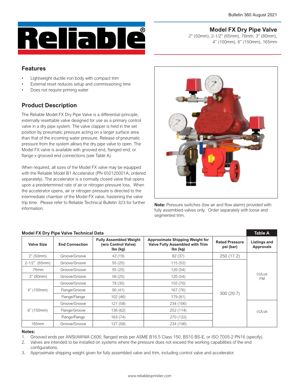 Features Product Description Model FX Dry Pipe Valve