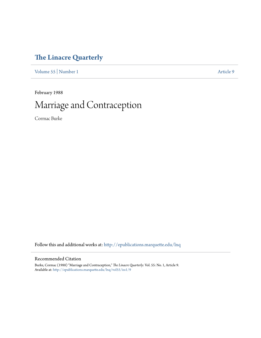 Marriage and Contraception Cormac Burke