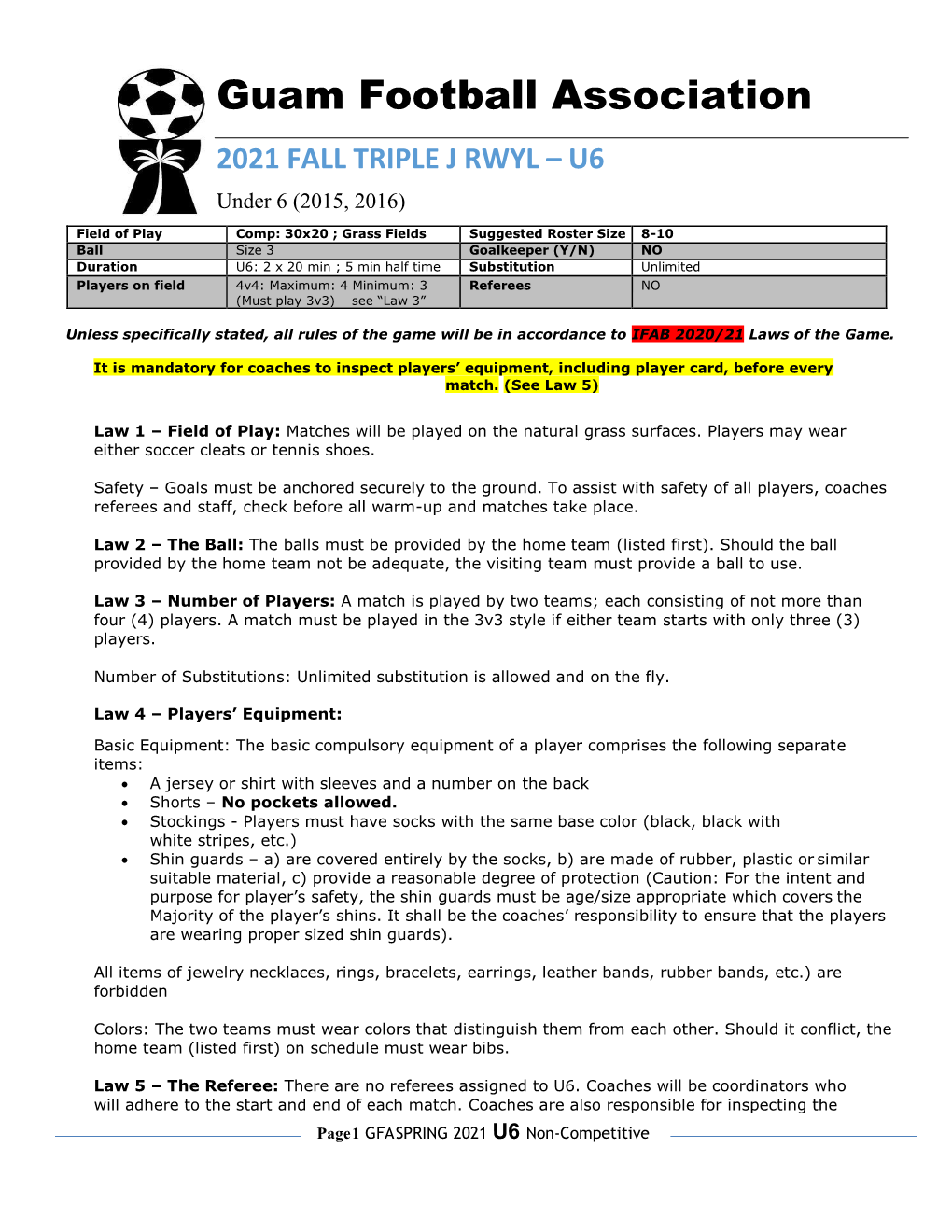 FALL 2021 U6 Division Rules