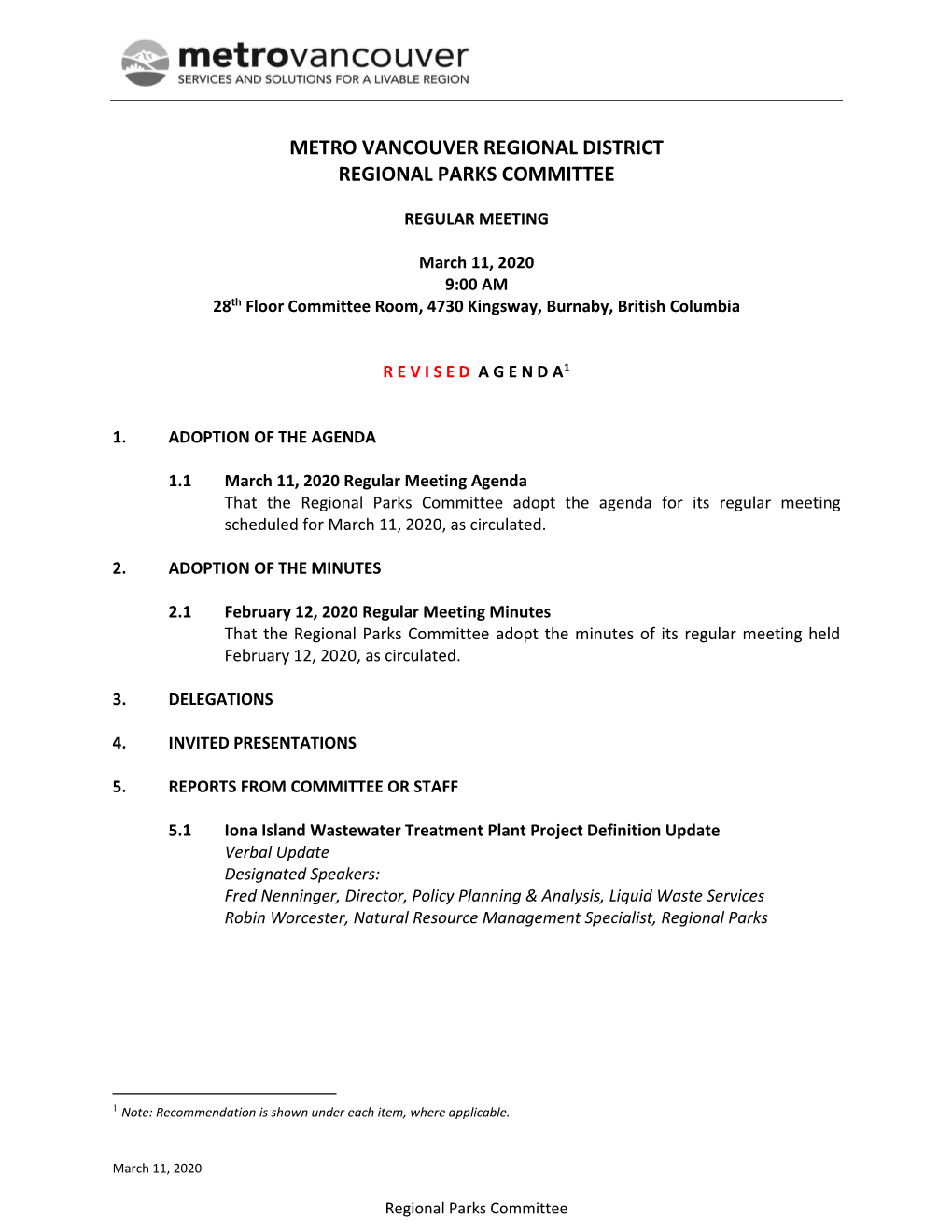 Regional Parks Committee Agenda March 11, 2020