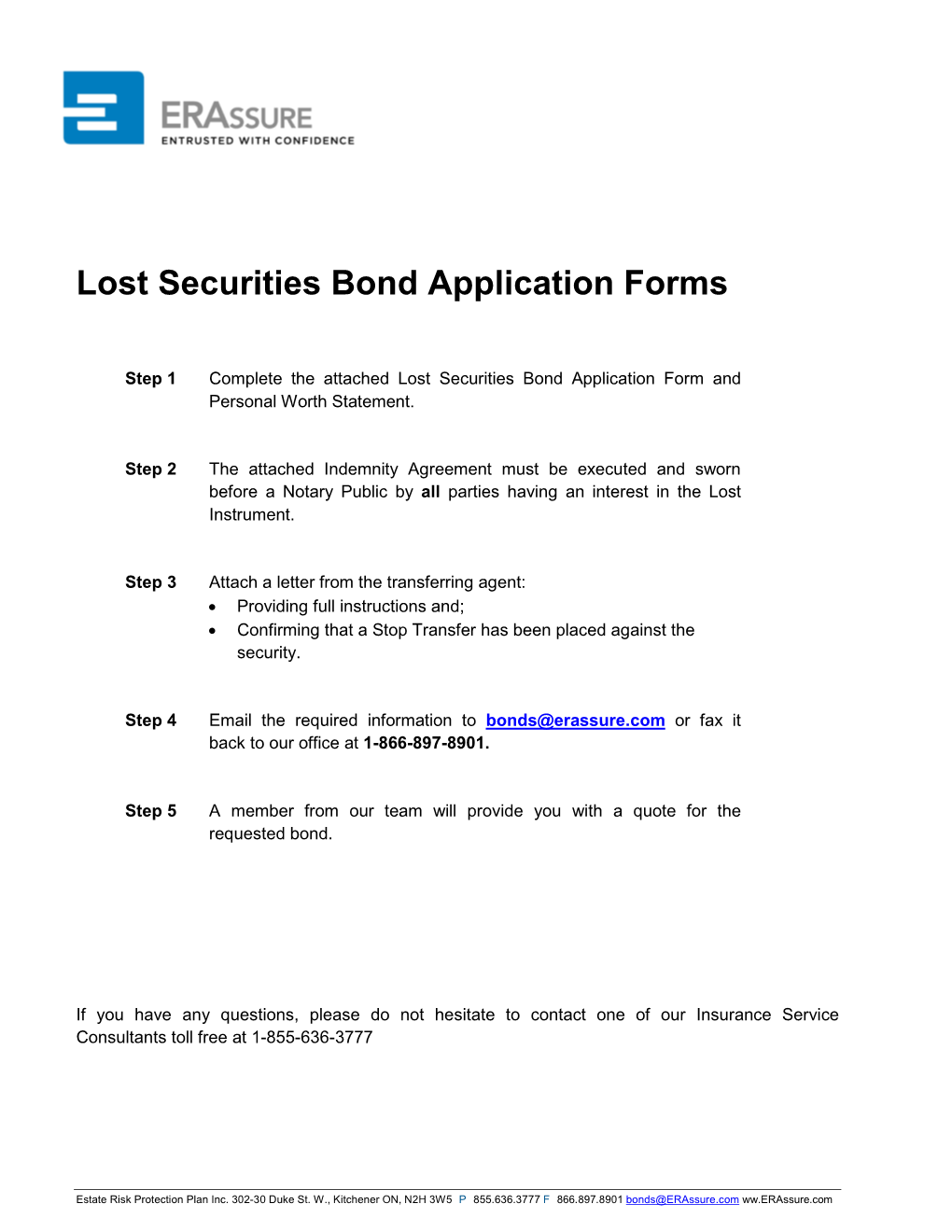 Lost Securities Bond Application Forms