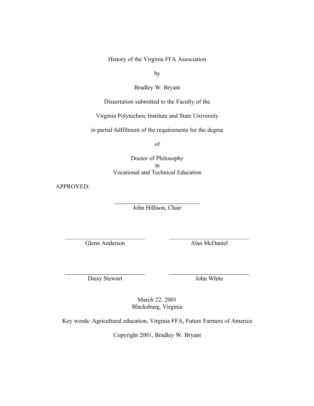 History of the Virginia FFA Association by Bradley W. Bryant Dissertation