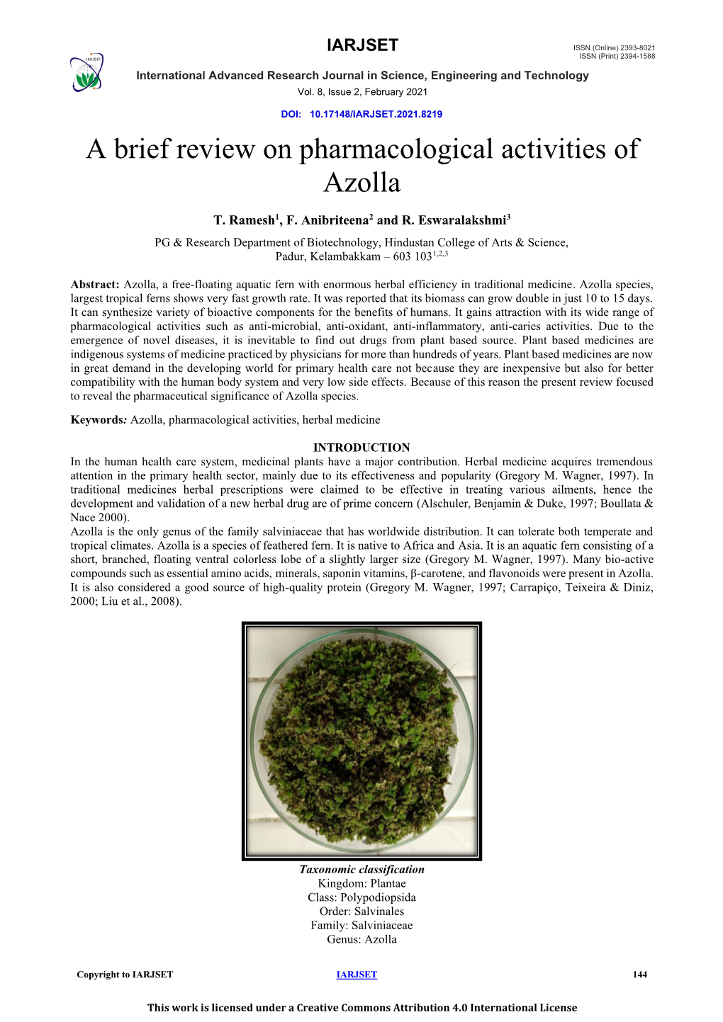 A Brief Review on Pharmacological Activities of Azolla