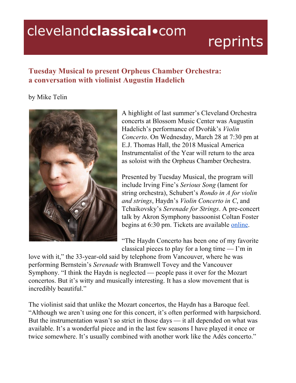 Tuesday Musical to Present Orpheus Chamber Orchestra: a Conversation with Violinist Augustin Hadelich by Mike Telin