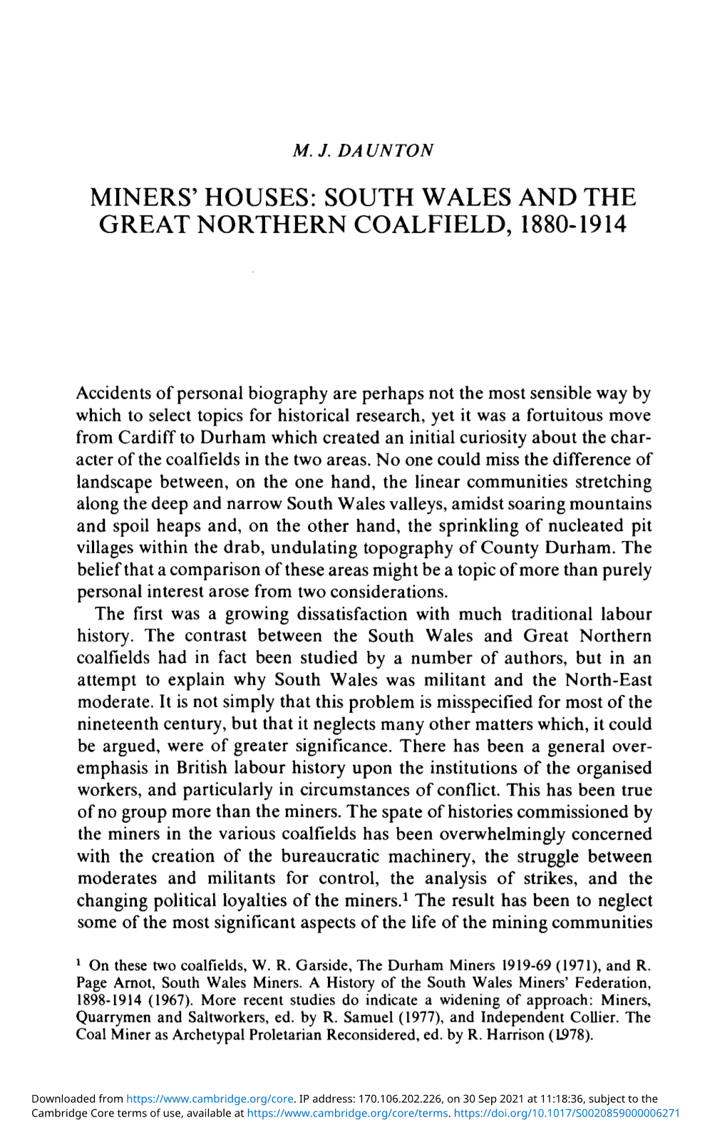 Miners' Houses: South Wales and the Great Northern Coalfield, 1880-1914