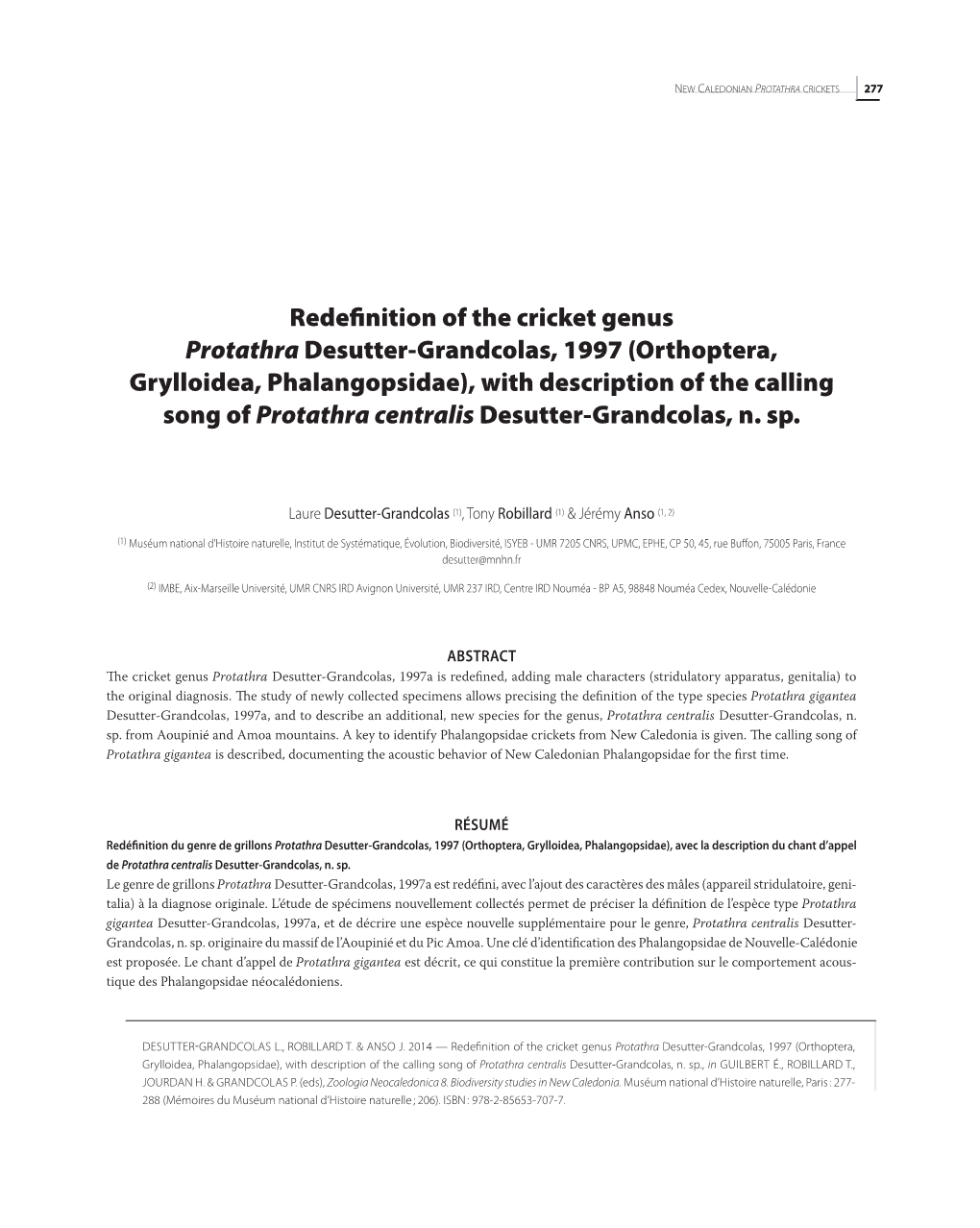 Redefinition of the Cricket Genus Protathra Desutter-Grandcolas