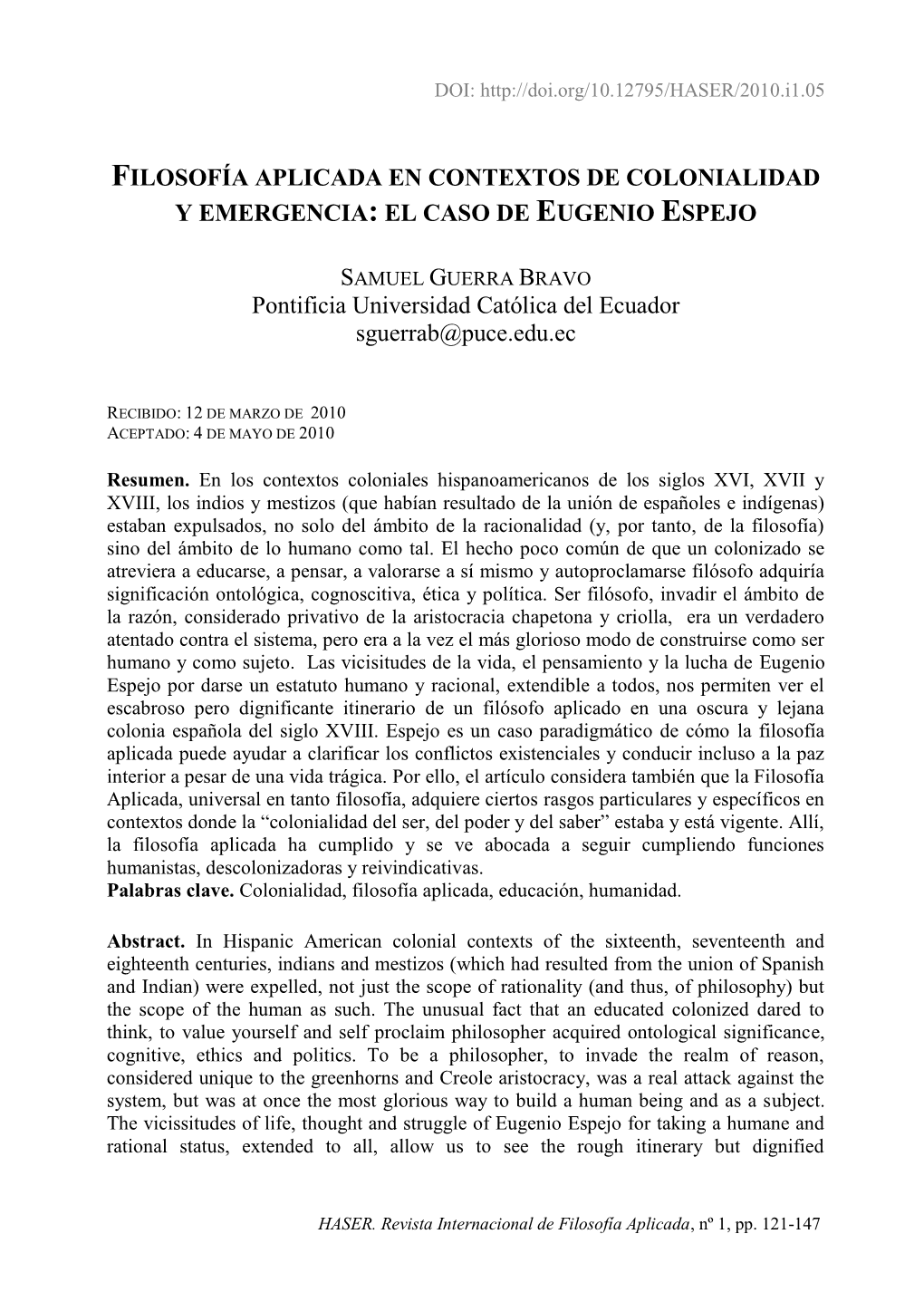 Filosofía Aplicada En Contextos De Colonialidad Y Emergencia: El Caso De Eugenio Espejo