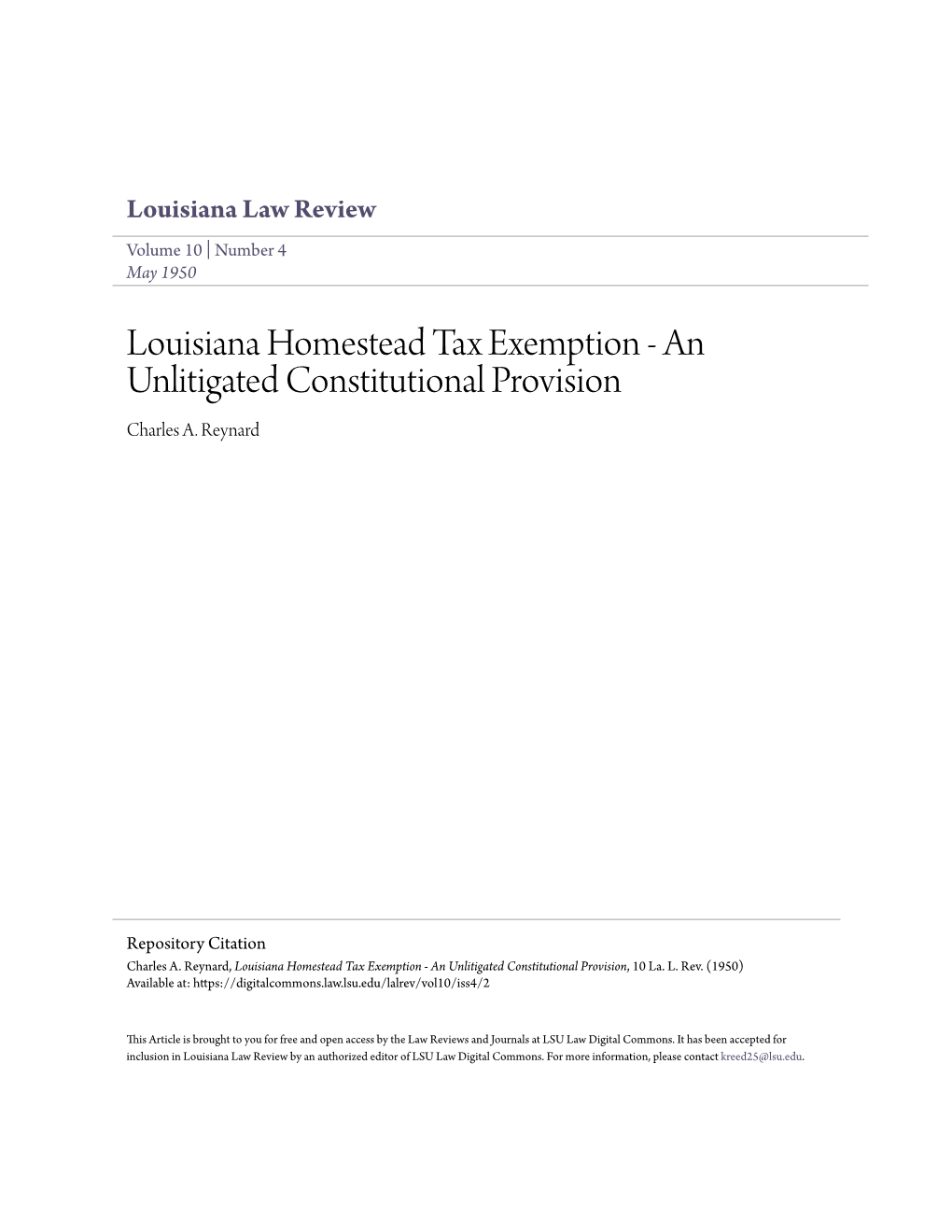 Louisiana Homestead Tax Exemption - an Unlitigated Constitutional Provision Charles A