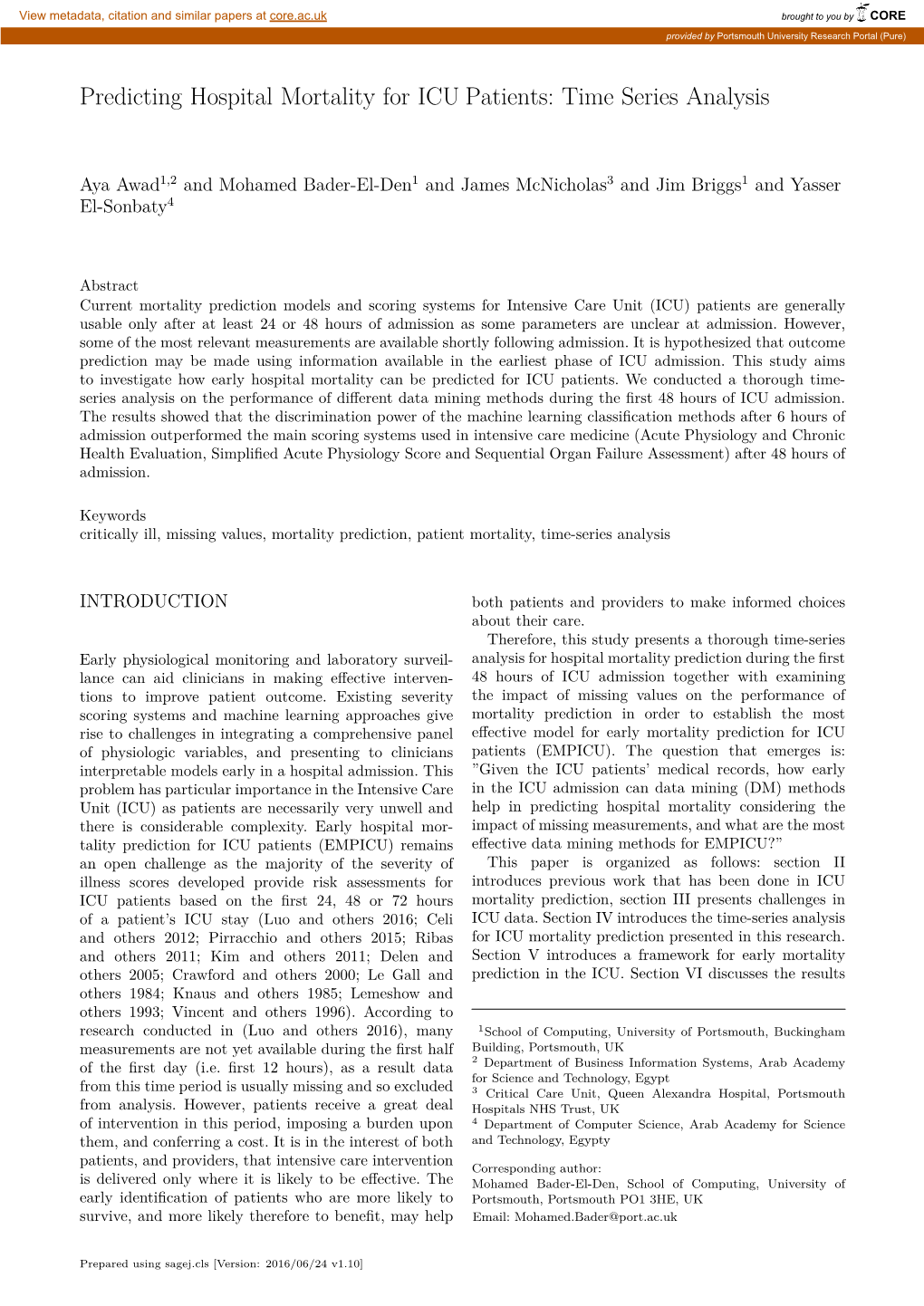 Predicting Hospital Mortality for ICU Patients: Time Series Analysis