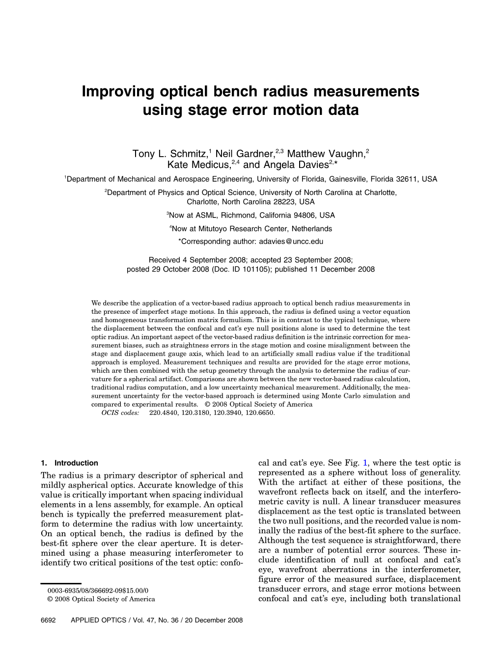 Improving Optical Bench Radius Measurements Using Stage Error Motion Data