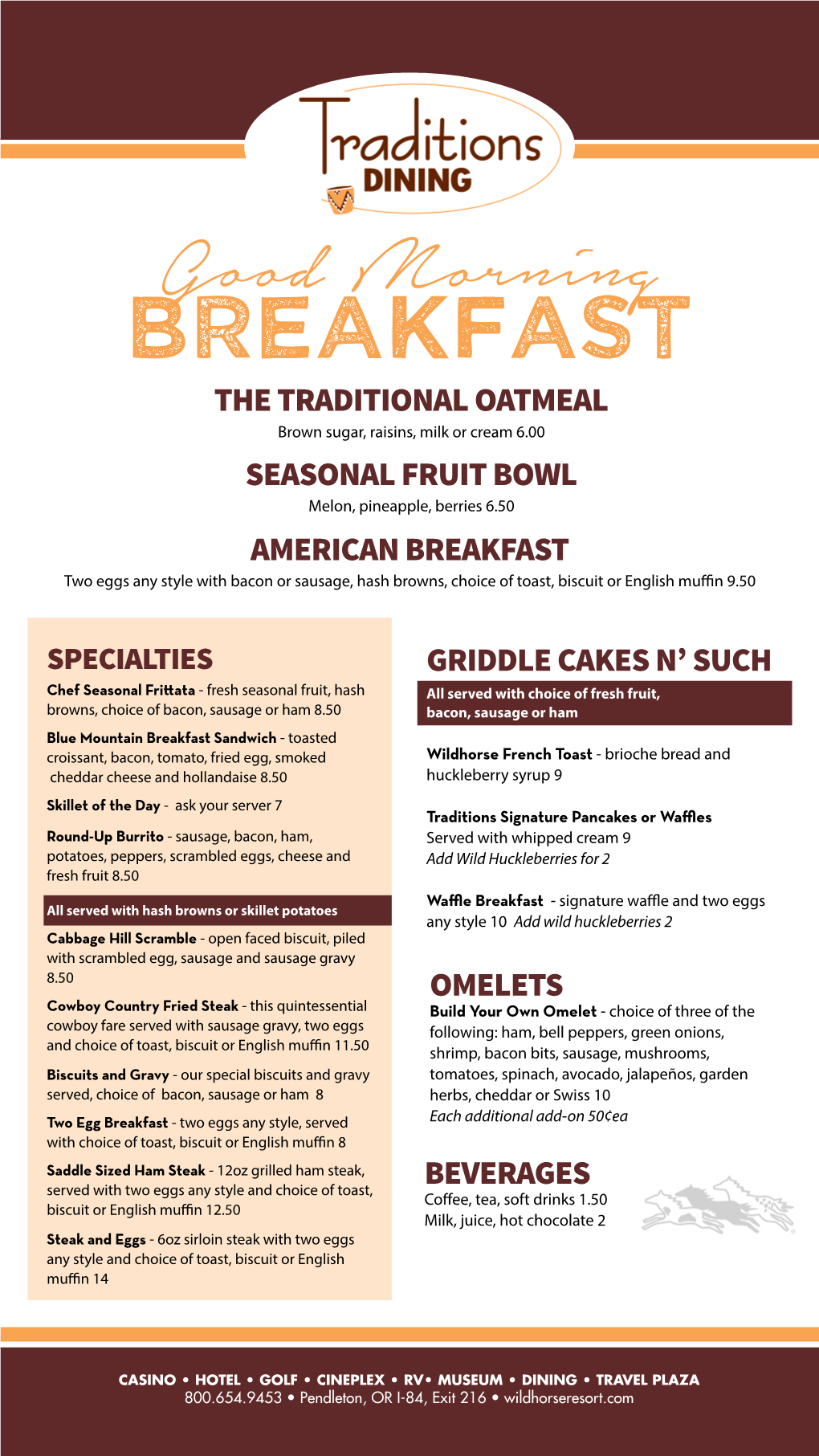 American Breakfast Beverages Griddle Cakes N' Such Omelets the Traditional Oatmeal Seasonal Fruit Bowl