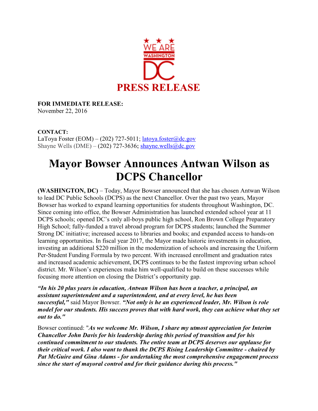 Mayor Bowser Announces Antwan Wilson As DCPS Chancellor