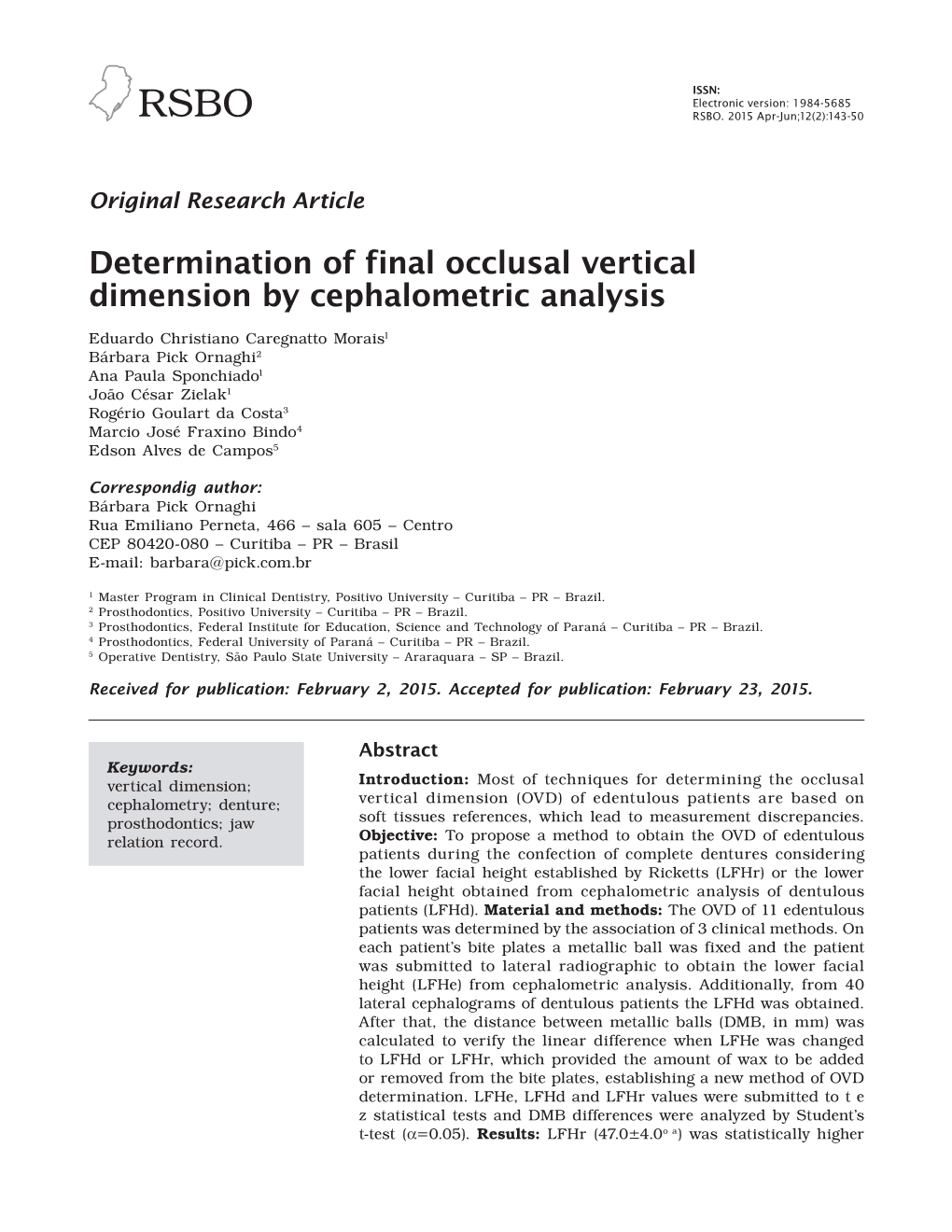 Determination of Final Occlusal Vertical Dimension by Cephalometric Analysis