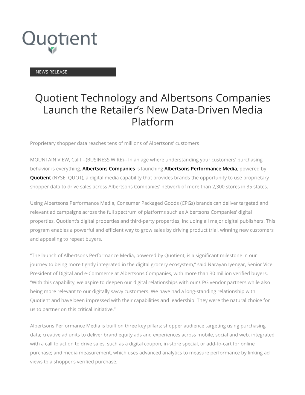 Quotient Technology and Albertsons Companies Launch the Retailer's