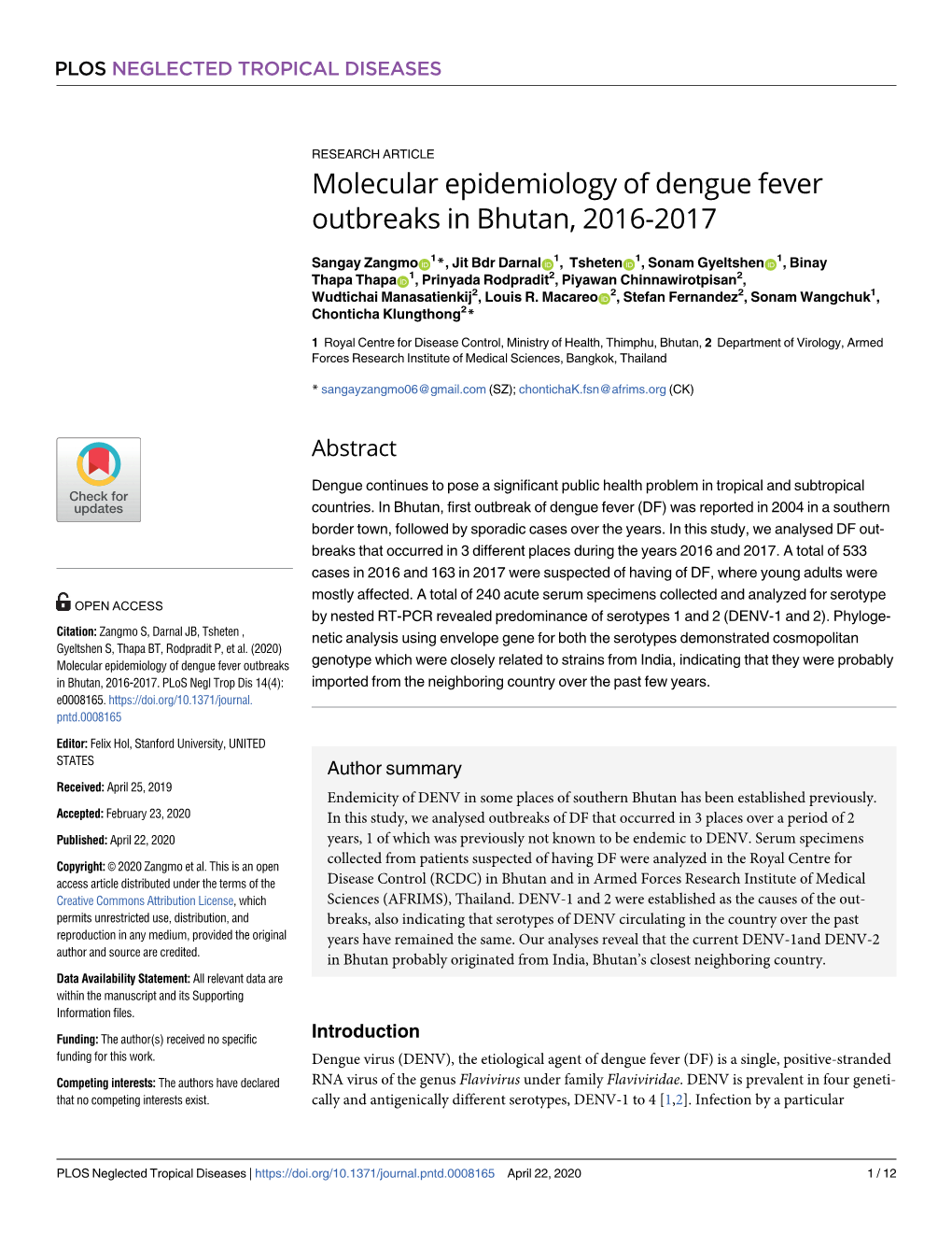 Molecular Epidemiology of Dengue Fever Outbreaks in Bhutan, 2016-2017