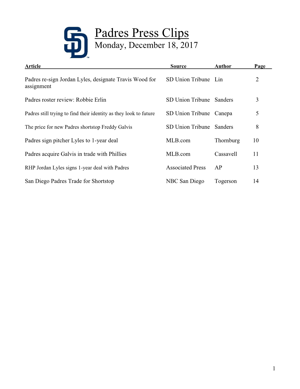 Padres Press Clips Monday, December 18, 2017