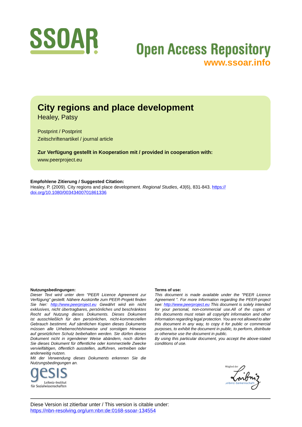 City Regions and Place Development Healey, Patsy