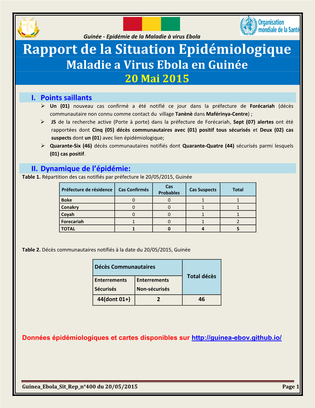 Rapport De La Situation Epidémiologique Maladie a Virus Ebola En Guinée 20 Mai 2015