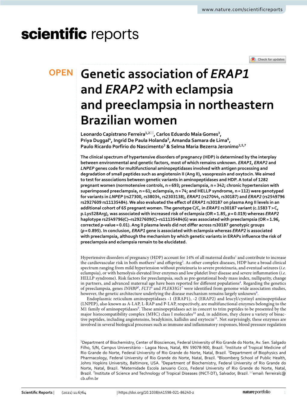 Genetic Association of ERAP1 and ERAP2 with Eclampsia And