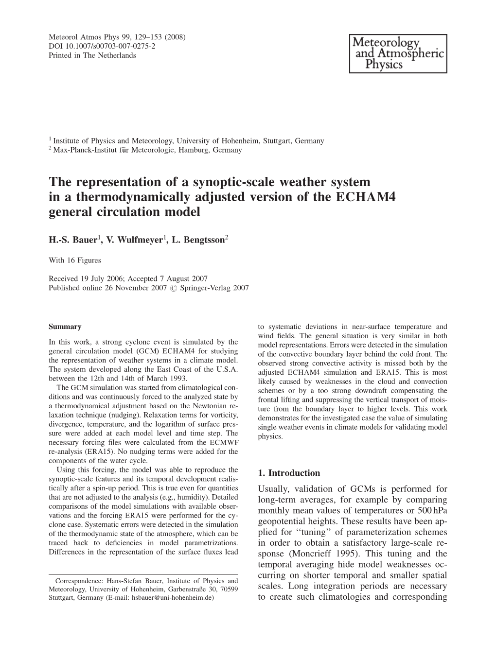 The Representation of a Synoptic-Scale Weather System in a Thermodynamically Adjusted Version of the ECHAM4 General Circulation Model