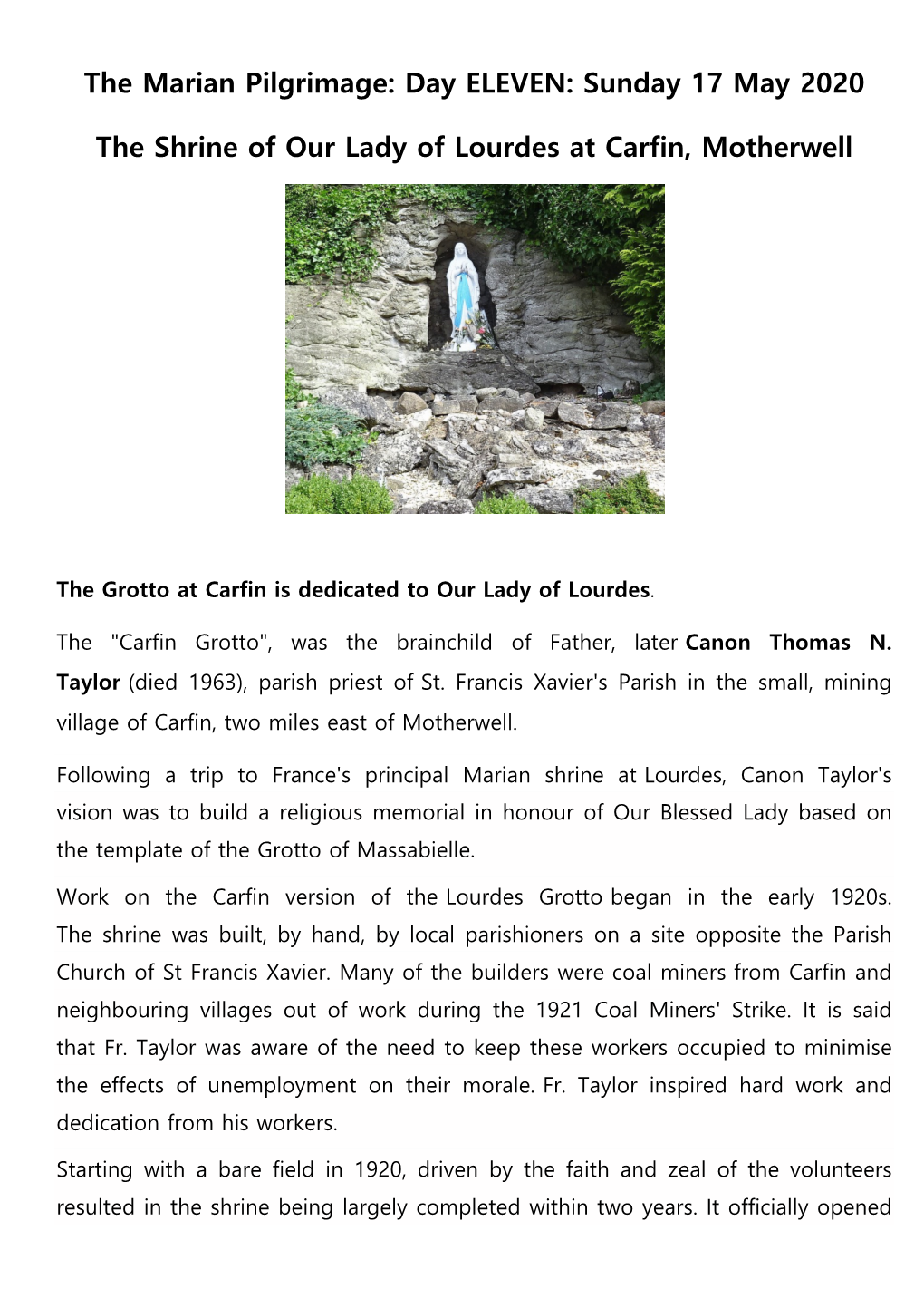 The Marian Pilgrimage: Day ELEVEN: Sunday 17 May 2020 the Shrine Of