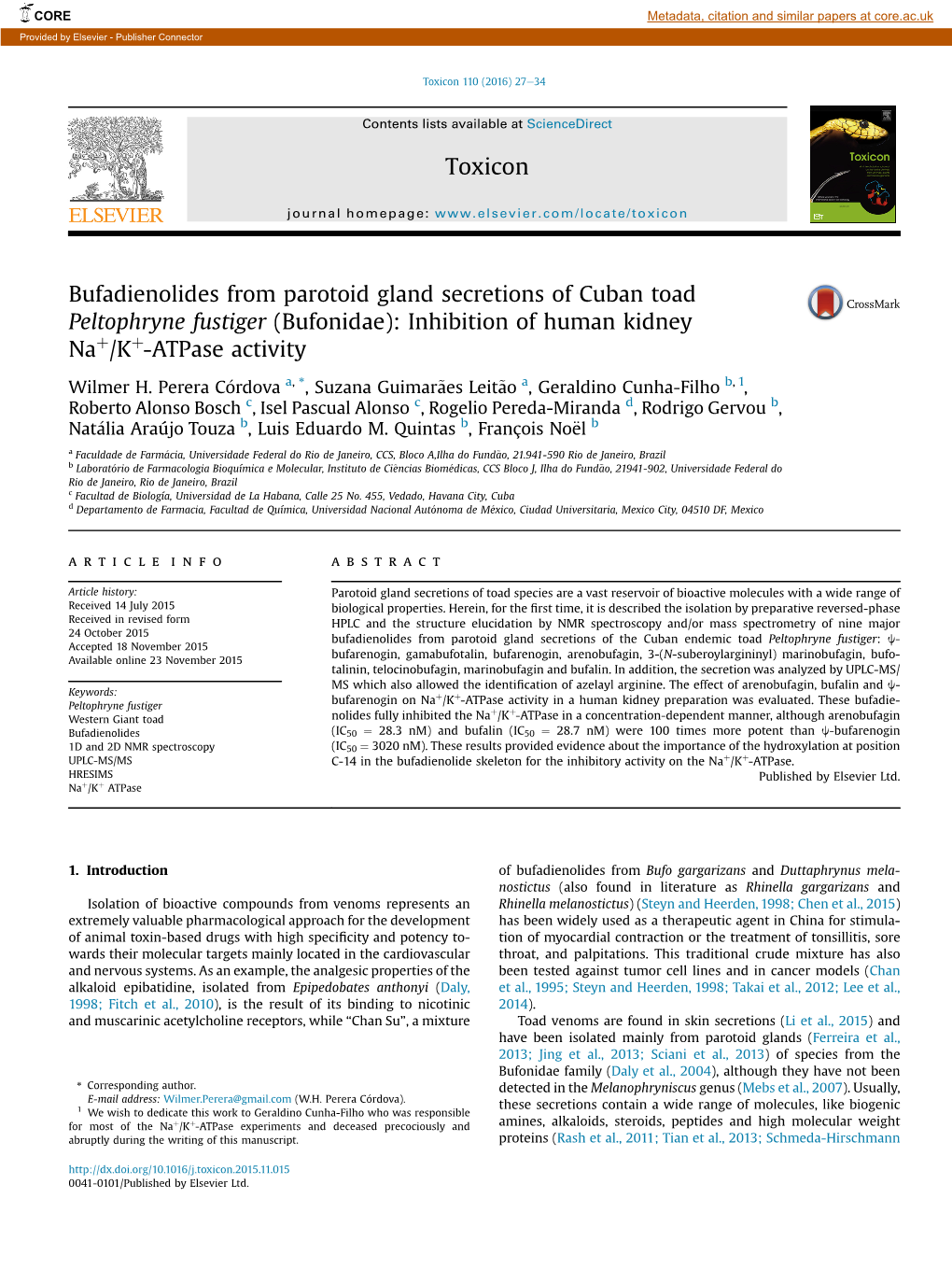 Bufadienolides from Parotoid Gland Secretions of Cuban Toad Peltophryne Fustiger (Bufonidae): Inhibition of Human Kidney Þ Þ Na /K -Atpase Activity