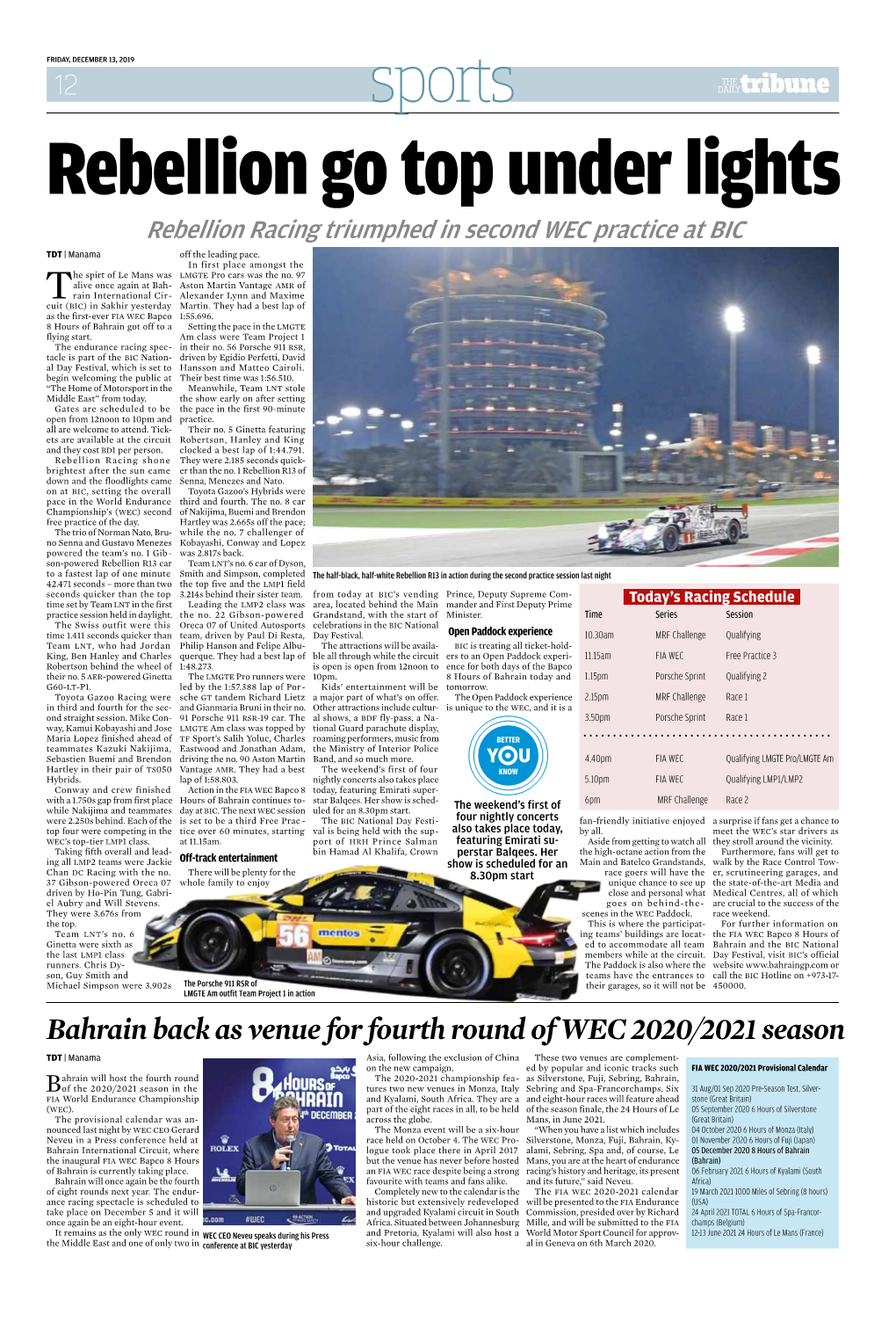Bahrain Back As Venue for Fourth Round of WEC 2020/2021 Season