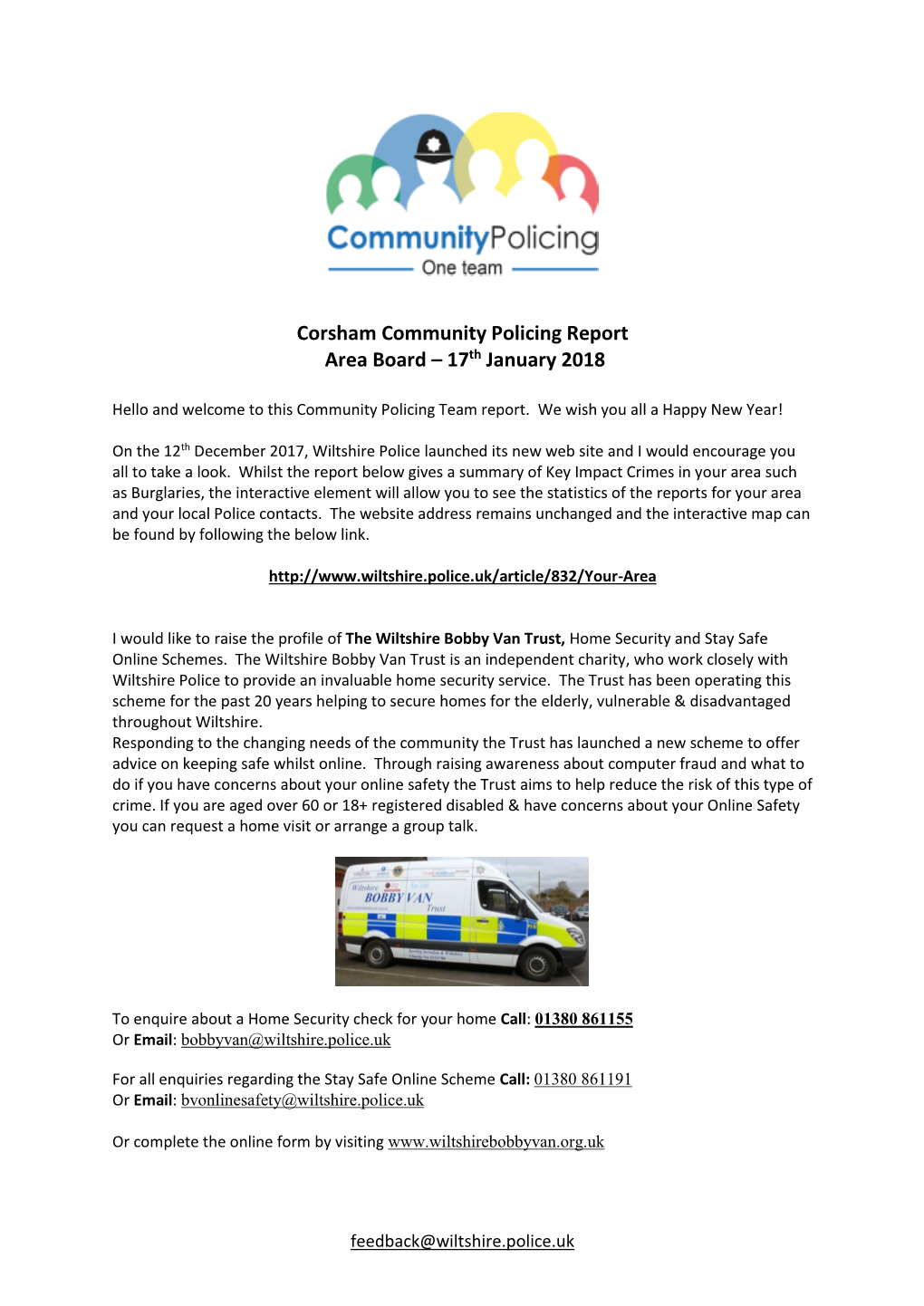 Corsham Community Policing Report Area Board – 17Th January 2018