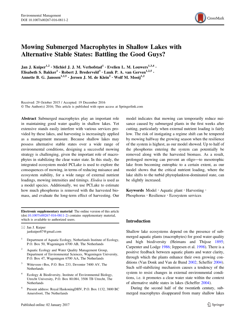 Mowing Submerged Macrophytes in Shallow Lakes with Alternative Stable States: Battling the Good Guys?