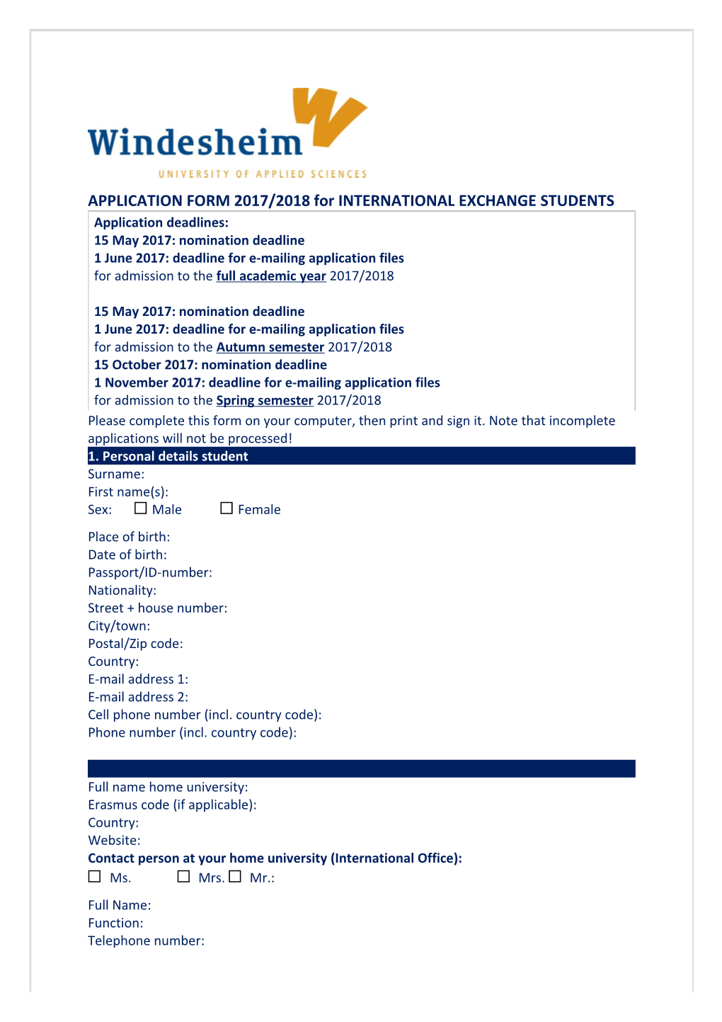 APPLICATION FORM 2017/2018 for INTERNATIONAL EXCHANGE STUDENTS