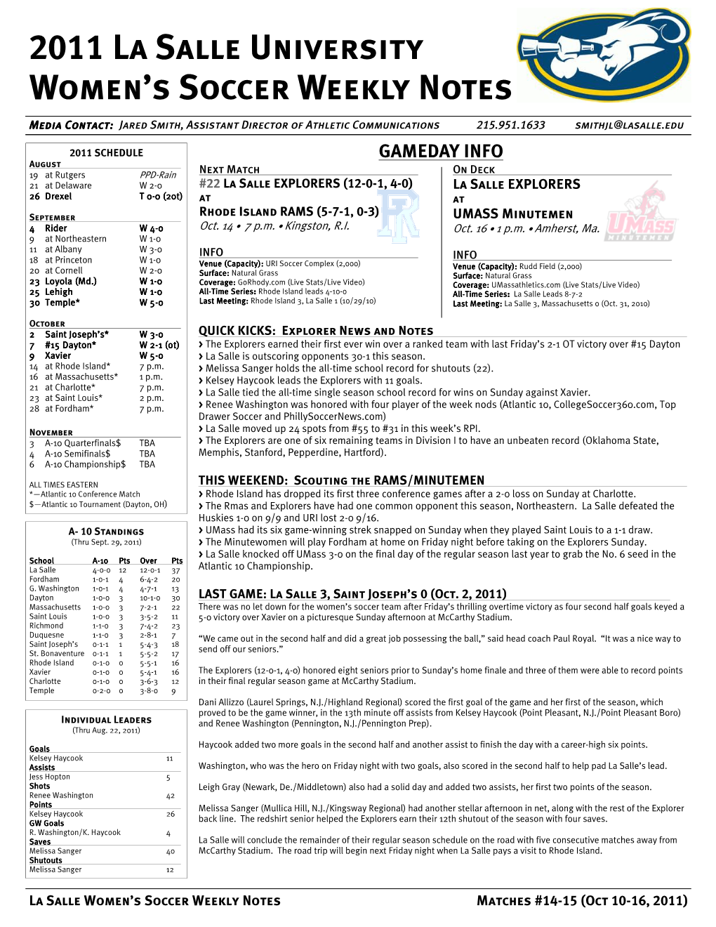 2011 La Salle University Women's Soccer Weekly Notes