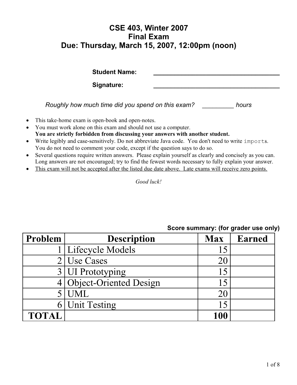 CSE 403 Final Exam