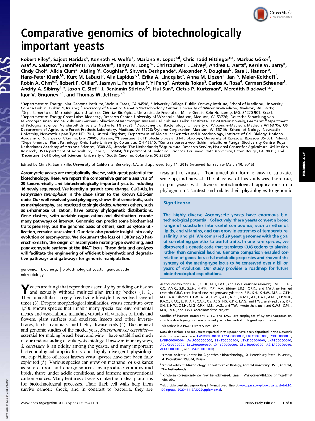 Comparative Genomics of Biotechnologically Important Yeasts