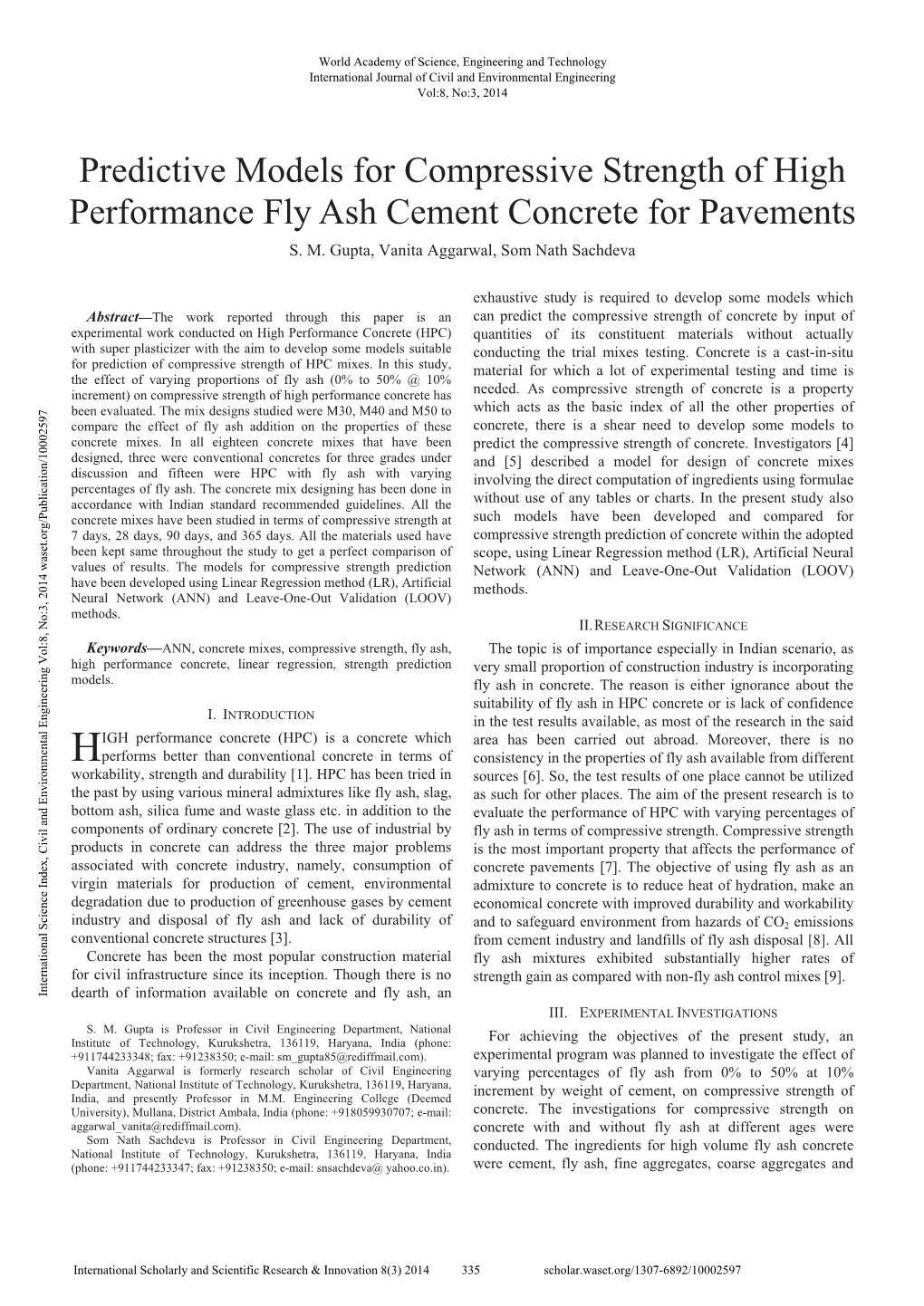 Predictive Models for Compressive Strength of High Performance Fly Ash Cement Concrete for Pavements S