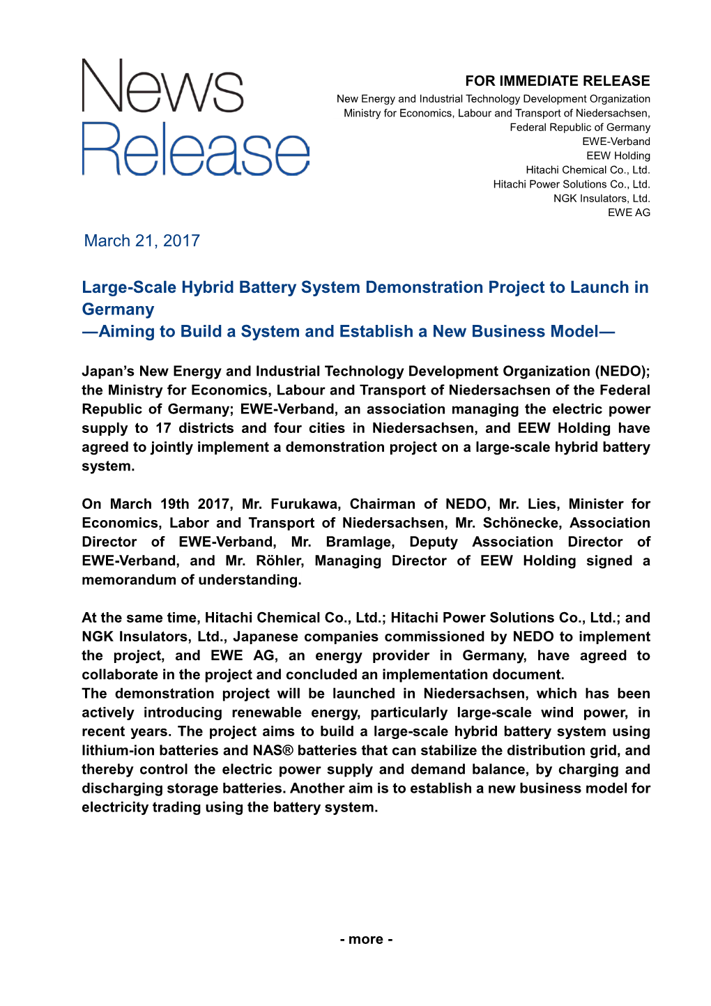 Large-Scale Hybrid Battery System Demonstration Project to Launch in Germany ―Aiming to Build a System and Establish a New Business Model―
